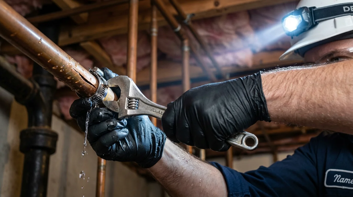 Emergency pipe clamp repair being performed by a Johns Plumbing LLC plumber in Melvindale