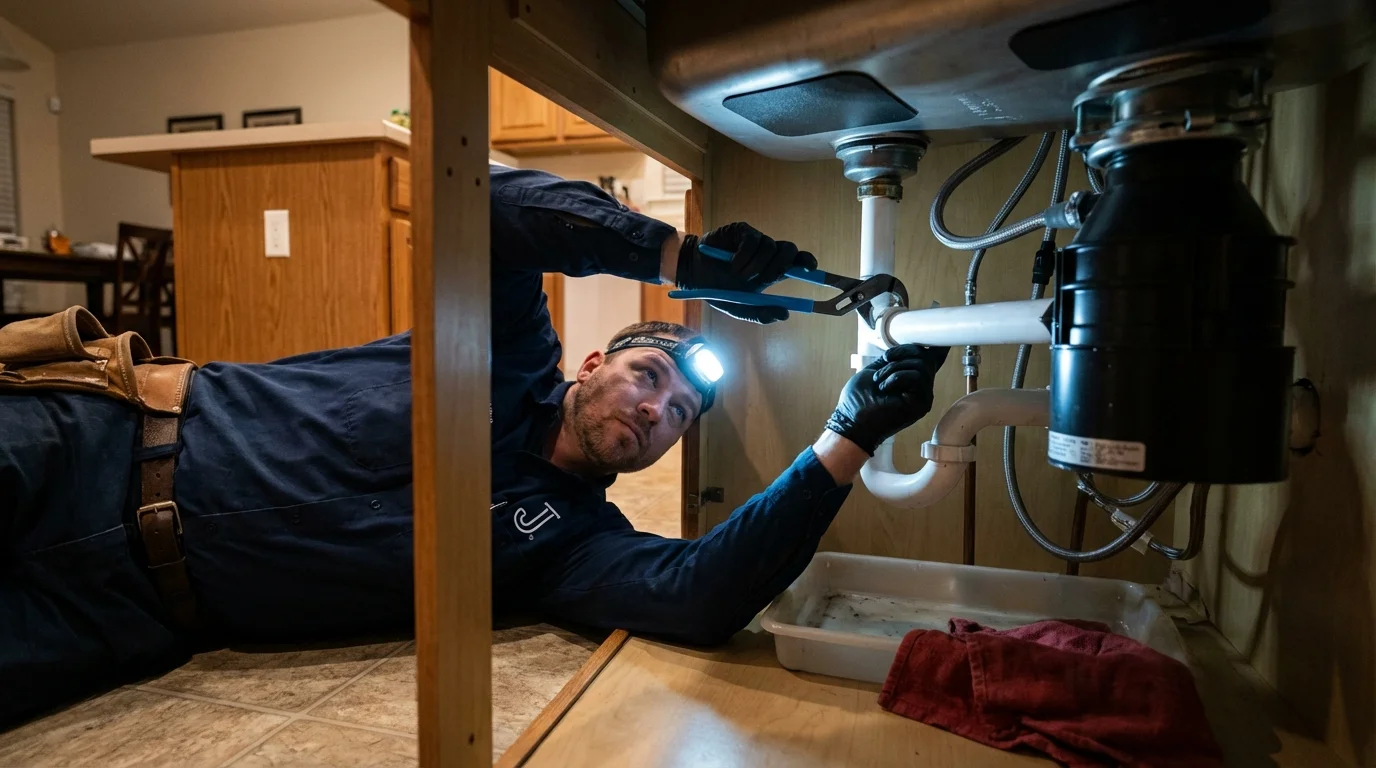P-trap and supply line connections under a kitchen sink showing a common leak point in Melvindale, MI